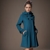 Chic Wool Coat for Women, Medium-Length Hooded Trench Coat with Double-Breasted Design and Cloak Style