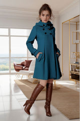 Chic Wool Coat for Women, Medium-Length Hooded Trench Coat with Double-Breasted Design and Cloak Style