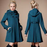 Chic Wool Coat for Women, Medium-Length Hooded Trench Coat with Double-Breasted Design and Cloak Style