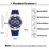 MISSFOX 2593 Women's Watches Chronograph Rose Gold Sport Watch Ladies Diamond Blue Rubber Band Xfcs Analog Female Quartz Wristwatch