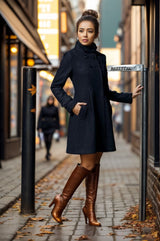 Chic Wool Coat for Women, Medium-Length Hooded Trench Coat with Double-Breasted Design and Cloak Style
