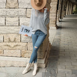 Solid color slit lazy style sweater for women