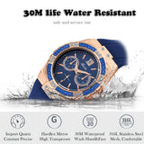 MISSFOX 2593 Women's Watches Chronograph Rose Gold Sport Watch Ladies Diamond Blue Rubber Band Xfcs Analog Female Quartz Wristwatch