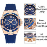 MISSFOX 2593 Women's Watches Chronograph Rose Gold Sport Watch Ladies Diamond Blue Rubber Band Xfcs Analog Female Quartz Wristwatch