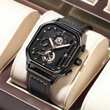 POEDAGAR 628 New Waterproof Luminous 3 Needles Fashion Quartz Watch Square Men's Waterproof Genuine Leather Strap Quartz Watches