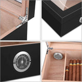 Modern Luxury Black Large Capacity Cedar Wooden Humidor Lacquer Finish Glass Top Moisture-Proof Portable Elegant Cigars Built-In