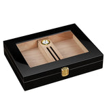 Caja de exhibición de lujo portátil de madera negra para puros con higrómetro y humidificador, hebilla de cierre sellada para 16 puros