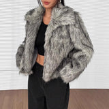 Faux Fox Fur Coats Women Short Jacket Solid Turn Down Collar Long Sleeves Open Stitch Thick Loose Office Lady Casual 2025 Winter