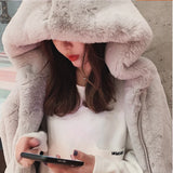 Chic Hooded Warm Loose Faux Rabbit Fur Jacket Winter Women Clothing Thick Zipper Fur Coat Korean High Quality Luxury Coat Design