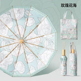Double Layer UPF50+ Sun UV Protection Umbrella for Women, Flower Paint Windproof Sunproof Waterproof Folding Sunny Rainy Parasol