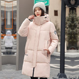 Winter Hooded Solid Women Down Cotton Jacket 2025 New Warm Thicken Cotton Fashion Jacket Leisure Loose Women Long Coat