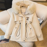 Hooded Coat Women Fur Collar Drawstring Jacket Tight Waist Casual Thick Zipper Warm Jacket Lady Parkas Tops Autumn Winter