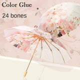 Double Layer UPF50+ Sun UV Protection Umbrella for Women, Flower Paint Windproof Sunproof Waterproof Folding Sunny Rainy Parasol