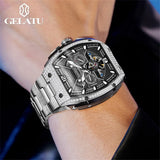 GELATU Luxury Mens Watch Original Skeleton Automatic Mechanical Watch 50M Waterproof Stainless Steel Watches For Men Gift 6016