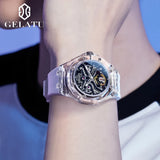 GELATU 8002 Automatic Men's Watches Transparent Case Hollow Mechancial Watches for Man Silicone Strap Waterproof Luminous Watch