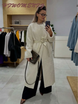 Elegant Faux Fur Long Coat Women White O-Neck Long Sleeve Lace Up Lady Overcoat 2025 Winter Chic Female Street Outerwear
