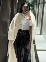 Elegant Faux Fur Long Coat Women White O-Neck Long Sleeve Lace Up Lady Overcoat 2025 Winter Chic Female Street Outerwear