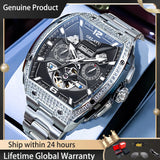 GELATU Luxury Mens Watch Original Skeleton Automatic Mechanical Watch 50M Waterproof Stainless Steel Watches For Men Gift 6016