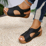 Summer Sandals for Women Wedge Heel Platform Shoes Synthetic Leather Peep Toe Hook Loop Casual Beach Walking Ladies Footwear