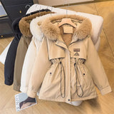 Hooded Coat Women Fur Collar Drawstring Jacket Tight Waist Casual Thick Zipper Warm Jacket Lady Parkas Tops Autumn Winter