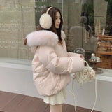 Women's Lovely Pink White Duck Down Coat Lady Fox Fur Collar Hooded Thick Warm Down Jacket Single Breasted Down Padded Outwear