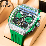 GELATU 6016 High-end Full Diamond Automatic Mechanical Watch for Men Multifunction Hollow Silicone Strap Men's Wristwatches