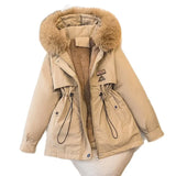 Hooded Coat Women Fur Collar Drawstring Jacket Tight Waist Casual Thick Zipper Warm Jacket Lady Parkas Tops Autumn Winter