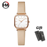 Hannah Martin Square Women Watch Fashion Rose Gold Leather Minimalist Style Girls Clock Quartz Movement Casual Waterproof Watch