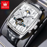 OLEVS 6675 Mens Watch Flywheel Multifunctional Chronograph Mechanical Watch Leather Strap Square Watches For Man High Quality