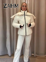 Hooded Skiing Coats Women Stand Collar Belts Pleated Zippers Full Sleeve Thicken Cotton Jacket 2025 Winter Lady Outwears New