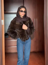 Autumn Winter Vintage Brown Faux Fur Jacket For Women High Neck Long Sleeve Crop Furry Coat 2025 New Lady Trendy Warm Outwears