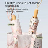 Double Layer UPF50+ Sun UV Protection Umbrella for Women, Flower Paint Windproof Sunproof Waterproof Folding Sunny Rainy Parasol