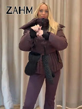 Hooded Skiing Coats Women Stand Collar Belts Pleated Zippers Full Sleeve Thicken Cotton Jacket 2025 Winter Lady Outwears New