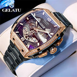 GELATU Luxury Mens Watch Original Skeleton Automatic Mechanical Watch 50M Waterproof Stainless Steel Watches For Men Gift 6016