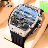 GELATU 6016 High-end Full Diamond Automatic Mechanical Watch for Men Multifunction Hollow Silicone Strap Men's Wristwatches