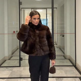 Autumn Winter Vintage Brown Faux Fur Jacket For Women High Neck Long Sleeve Crop Furry Coat 2025 New Lady Trendy Warm Outwears