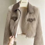 Women's Short Lapel Imitation Fox fur grass Coat 2025 Autumn Winter New Korean version Fashion Thicken Zipper Fur Coat Top