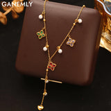 GANEMLY 316L Stainless Steel Flower Petals Colorful Zircon Long Pendant Necklace For Women New Handmade Neck Chain Jewelry Gift