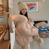 Women's Lovely Pink White Duck Down Coat Lady Fox Fur Collar Hooded Thick Warm Down Jacket Single Breasted Down Padded Outwear