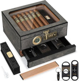 Cigar Humidor Cedar Wood Humidor Cigar Box Glass Top Desktop Humidor with Front Hygrometer Humidifier Divider Accessories Drawer