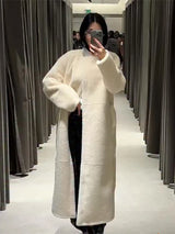 Elegant Faux Fur Long Coat Women White O-Neck Long Sleeve Lace Up Lady Overcoat 2025 Winter Chic Female Street Outerwear