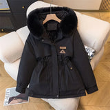 Hooded Coat Women Fur Collar Drawstring Jacket Tight Waist Casual Thick Zipper Warm Jacket Lady Parkas Tops Autumn Winter