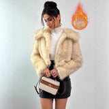 Faux Fox Fur Coats Women Short Jacket Solid Turn Down Collar Long Sleeves Open Stitch Thick Loose Office Lady Casual 2025 Winter