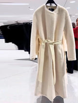 Elegant Faux Fur Long Coat Women White O-Neck Long Sleeve Lace Up Lady Overcoat 2025 Winter Chic Female Street Outerwear