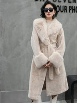 Vintage Coats Faux Fox Fur Women Thick Warm Long Coat Turn Down Collar Warm Coats Thick Elegant Coat With Belt Outerwear Winter