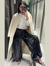 Elegant Faux Fur Long Coat Women White O-Neck Long Sleeve Lace Up Lady Overcoat 2025 Winter Chic Female Street Outerwear