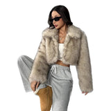 Faux Fox Fur Coats Women Short Jacket Solid Turn Down Collar Long Sleeves Open Stitch Thick Loose Office Lady Casual 2025 Winter