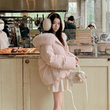 Women's Lovely Pink White Duck Down Coat Lady Fox Fur Collar Hooded Thick Warm Down Jacket Single Breasted Down Padded Outwear
