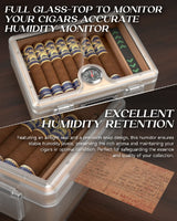 Humidor Cigar Box,with Cutter Guillotine,V cut,Punch & Stand ,Glass top Cigars Case,Cedar Wood Lining, Humidifier Hygrometer