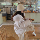 Women's Lovely Pink White Duck Down Coat Lady Fox Fur Collar Hooded Thick Warm Down Jacket Single Breasted Down Padded Outwear